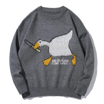 Men Harajuku Sweater Cartoon Spoof Goose Print Pullover Casual O-neck Knitted Top Hip Hop Loose Sweater Couple Streetwear Fall