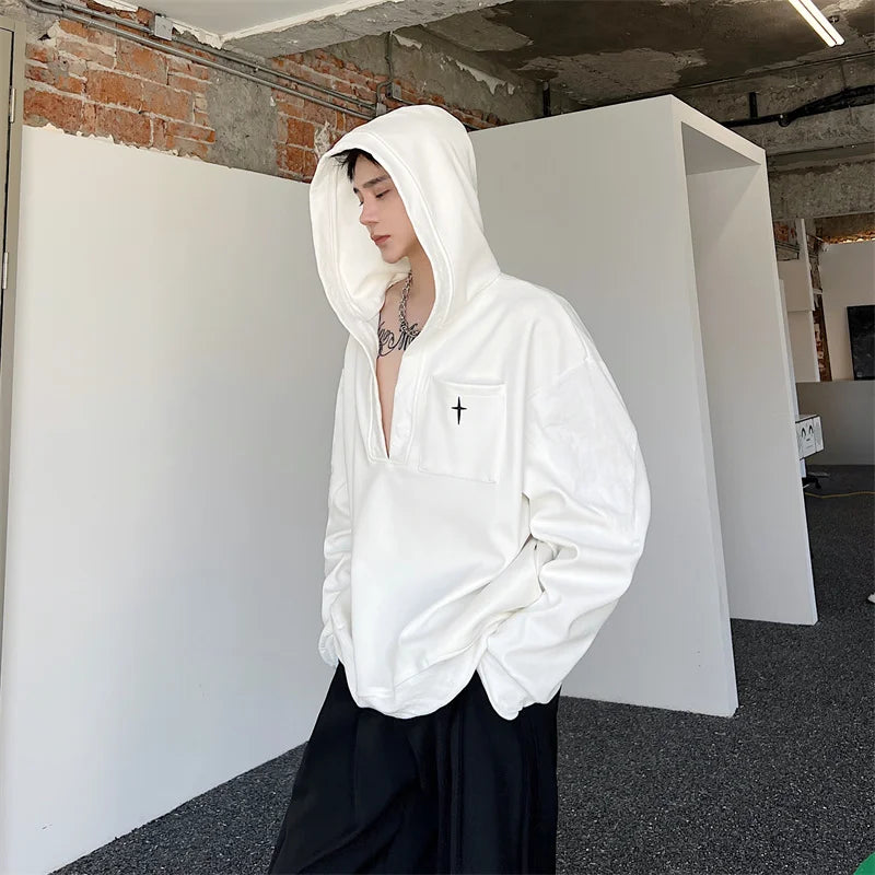 saferido Korean Spring Streetwear Collar black white Sweatshirt Men Spring Korean Loose Trendy Casual Coat Male Hoodies Sweatshirts