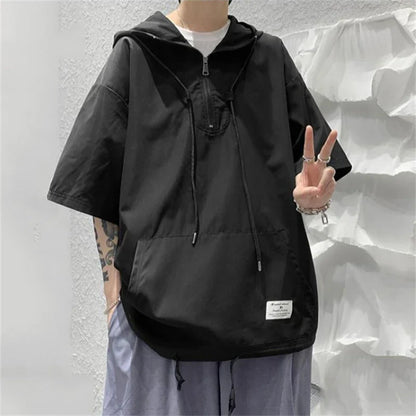 saferido Men's Summer Hoodies Casual T-shirt Solid Color Harajuku Style Hooded Tshirts Male Loose Pullovers
