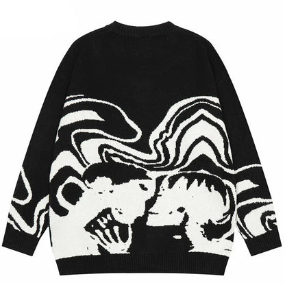 Men Streetwear Sweater Retro Painting Skull Graphic Hip Hop Knitted Sweater Vintage Pullover Casual Wool Sweater Hipster