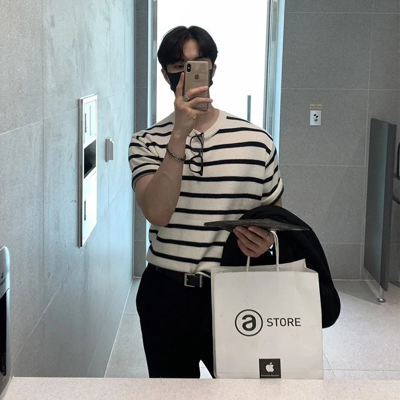 Men's Clothing Leisure Luxury Knitted T Shirt Fashion O Neck Striped Short Sleeve Tees for Men Korean Popular Knitwear Summer