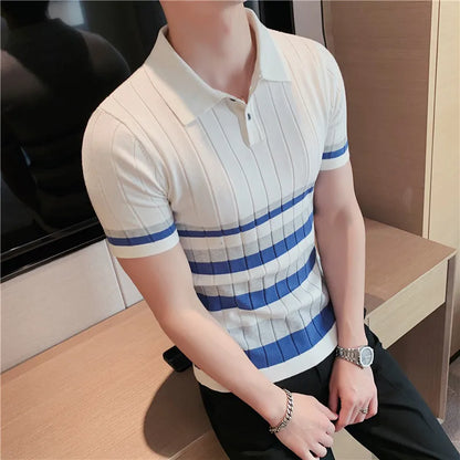 saferido  British Style Men's Fashion Lce Silk Stripe Knitting POLO Shirts/Male Slim Fit Short Sleeve Leisure POLO Shirts S-3XL