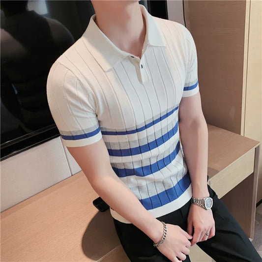 saferido  British Style Men's Fashion Lce Silk Stripe Knitting POLO Shirts/Male Slim Fit Short Sleeve Leisure POLO Shirts S-3XL