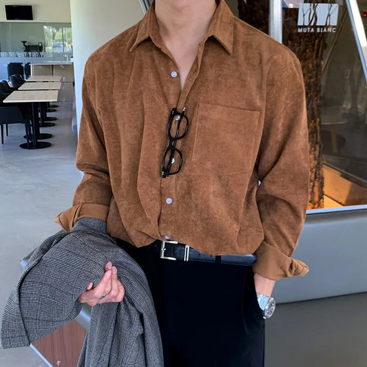 Autumn Clothing Men's Casual Luxury Corduroy Pocket Shirt Buttons Turn Down Collar Long Sleeve Solid Color Texture Vintage New