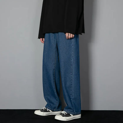 saferido New Korean Men's Casual Long Jeans Classic Man Straight Denim Wide-leg Pants Solid Color Light Blue Grey Black 3XL