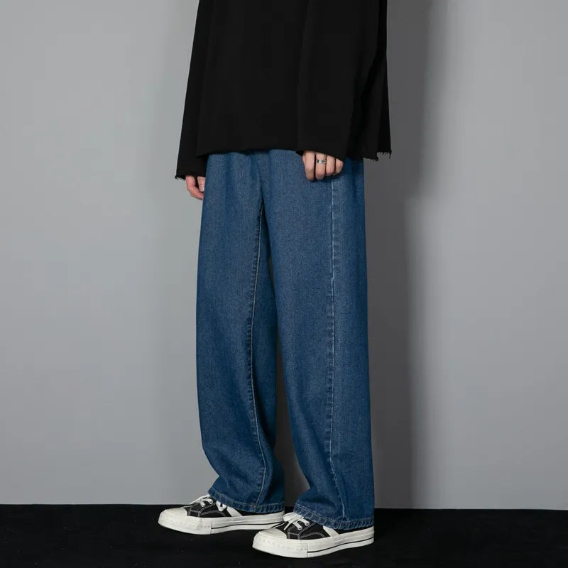 saferido New Korean Men's Casual Long Jeans Classic Man Straight Denim Wide-leg Pants Solid Color Light Blue Grey Black 3XL
