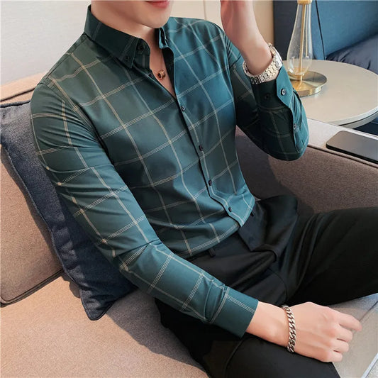 saferido Spring Business Casual Plaid Shirt Men's Formal Workwear Wedding Dress Slim Social Party Clothes Checked Shirt S-4XL