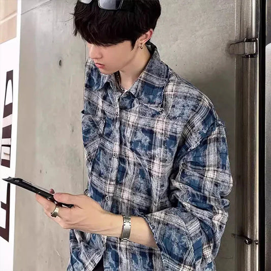 Autumn Men's Clothing Light Luxury Texture Plaid Shirts Korean Popular Vintage Long Sleeve Button-down Check Ripped Shirts