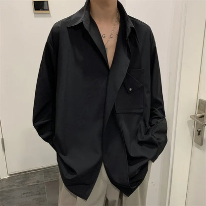 saferido Korean Streetwear Spring Color New Style Personalized Men's Suit Stand Collar Diagonal Button Long Sleeve Shirt Male