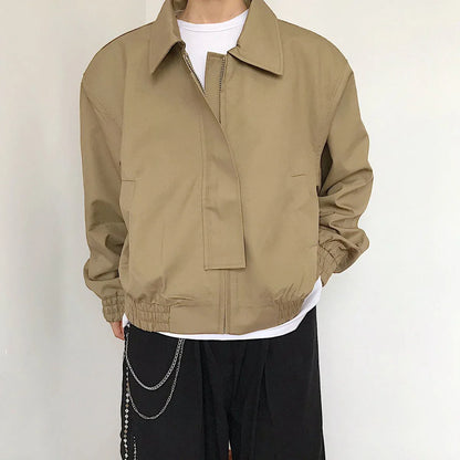 Spring New Short Jacket Men's Long Sleeved Solid Color Square Collar Fashion Loose Casual Zipper Bomber Jacket Streetwear