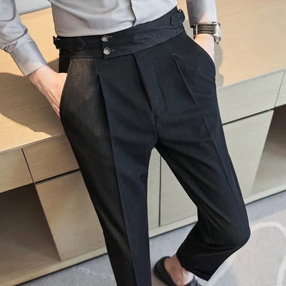 saferido Men Spring Summer Belt Decoration Casual Ankle Length Pants Fashion Slim Fit Suit Pants Streetwear Social Business Trousers