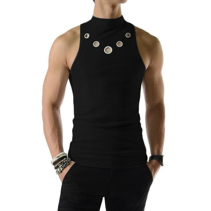 Men Tank Tops Hollow Out Solid Turtleneck Sleeveless Fashion Male Vests Streetwear Summer Casual Men Clothing S-5XL INCERUN