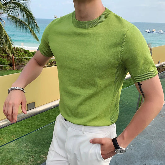 saferido British Style Summer Ice Silk Short Sleeve Knitted T Shirts Men Simple Pure Color O-Neck Casual Slim Tee Shirt Top Homme M-3XL