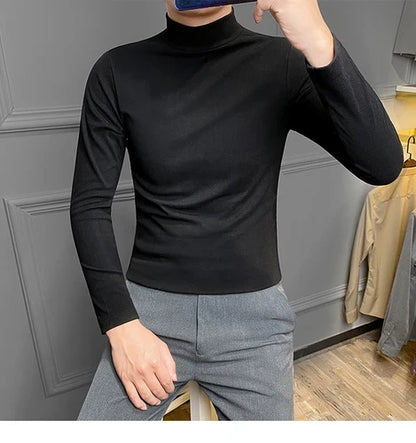 saferido Casual Men High Quality Spring and Autumn Solid Color Half A Turtleneck Long Sleeve Slim Base Shirt Men's Double-Faced Pile