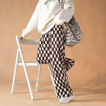 saferido Casual Straight Wide Leg Pants Men High Street Trend Mopping Pants Loose Overalls Contrast Color Plaid Printed Trousers Spring