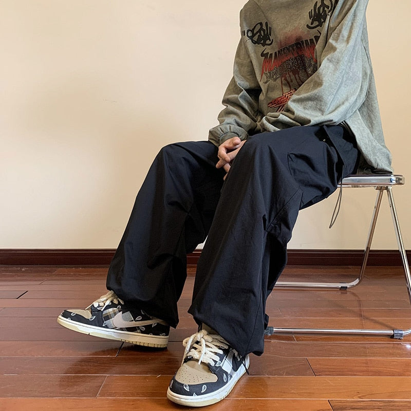 Men Solid Cargo Pants Harajuku Hip Hop Elastic Waist Loose Trousers Streetwear Male Casual Pockets Drawstring Baggy Pants