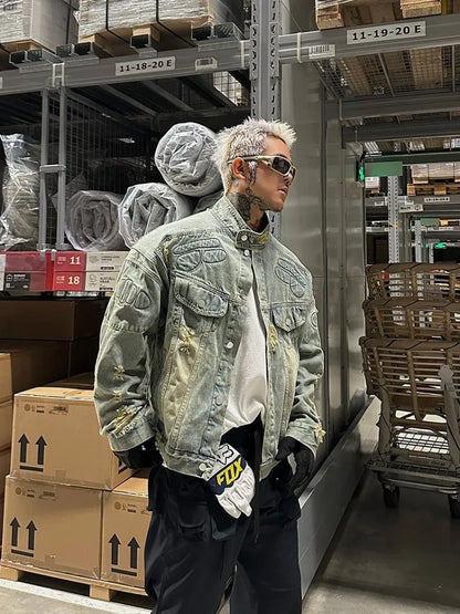 saferido New American High Street Tide Biker Denim Coat Armor Filling Men and Women with The Same Couple Models Trend Design Sense Jacket