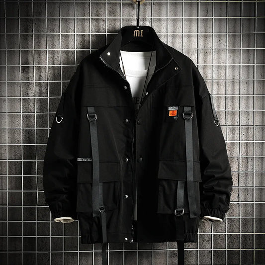 saferido New Ribbon Stand Collar Work Coat Men's Spring and Autumn Fried Street Personality Streamer Top Loose Large Size Jacket