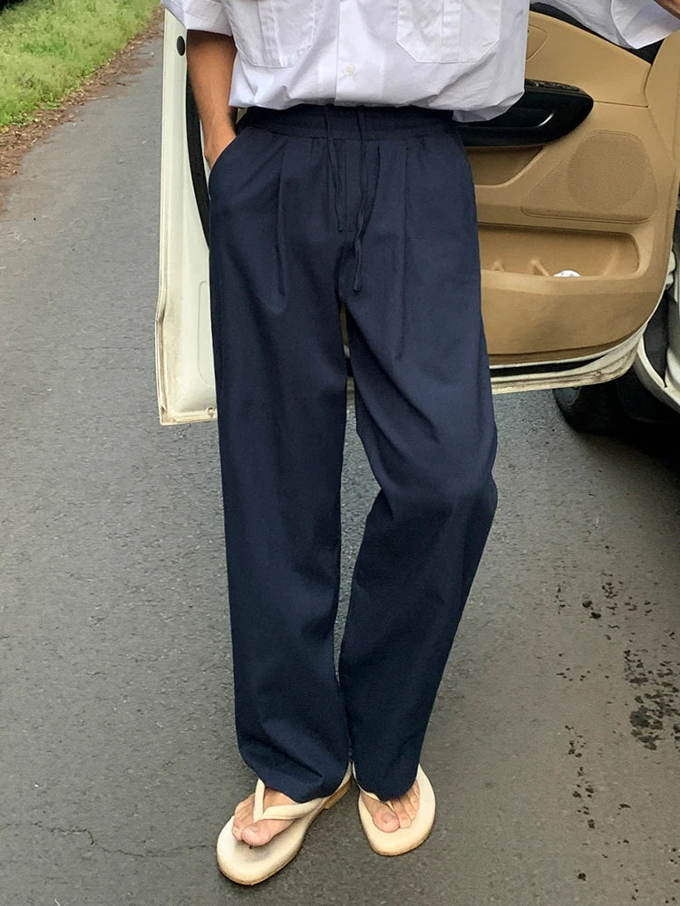 saferido  2024 Summer New Men's Casual Pants Korean Style Lazy Wind Solid Color Elastic Waist Trousers Lace-up Loose Straight