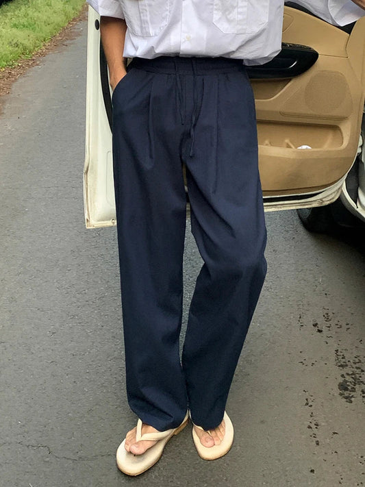 saferido  2024 Summer New Men's Casual Pants Korean Style Lazy Wind Solid Color Elastic Waist Trousers Lace-up Loose Straight