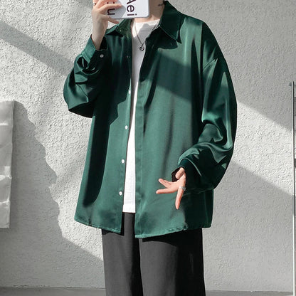 saferido Korean Fashion Ice Silk Shirts for Men Spring Summer Solid Color Long Sleeve Casual Loose Comfortable Button Up Shirt 5XL-M