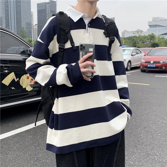 Men's Long Sleeve Loose Tide Brand Lapel POLO Shirt Striped Top Clothes Versatile