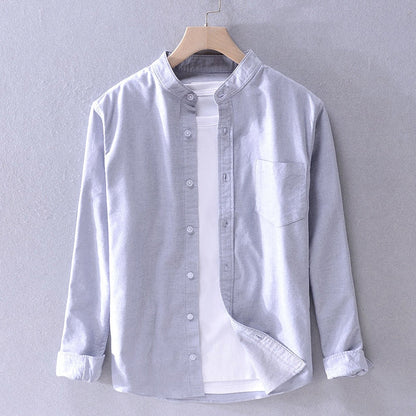 Pure Cotton Long Sleeve Shirt for Men Autumn New Yellow Stand Collar Casual Tops Male Solid Color Button Up Dress Shirt