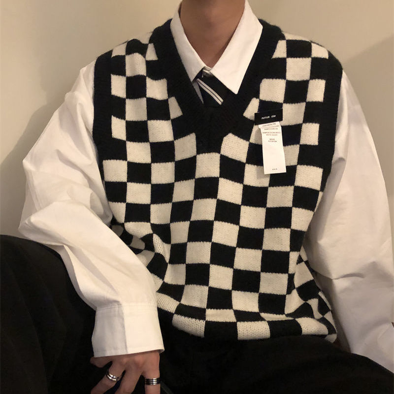Autumn Arctic Velvet Checkerboard Pattern Men's Sweater Vest Retro V-neck Sleeveless Knit Vest Woolen Korean Clothes