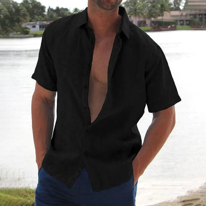 NEW Men's Solid Color Linen Long Sleeve Shirt Button Shirts Trend  vintage Stand Collar Casual Cotton Tops US-Size