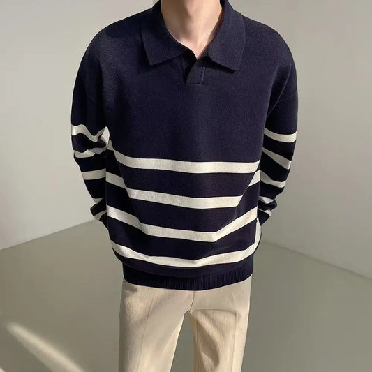 Autumn Korean Style Contrast Striped Sweater Men's Lapel Button Casual Vintage Sweater Pullovers Long-sleeved Men's Sweater