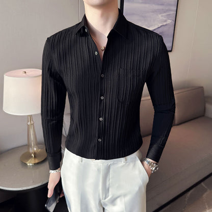 Spring Fashion Fold Design Long Sleeve Striped Shirts For Men Clothing Business Slim Fit Casual Tuxedo