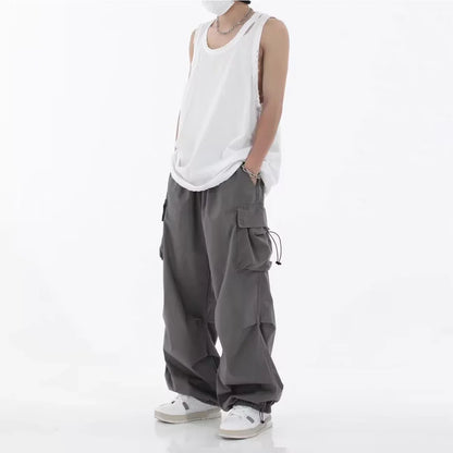 saferido Spring Summer Fashion Casual Pans For Men Streetwear Solid Color Cargo Pants Elastic Waist Wide Leg Men's Joggers