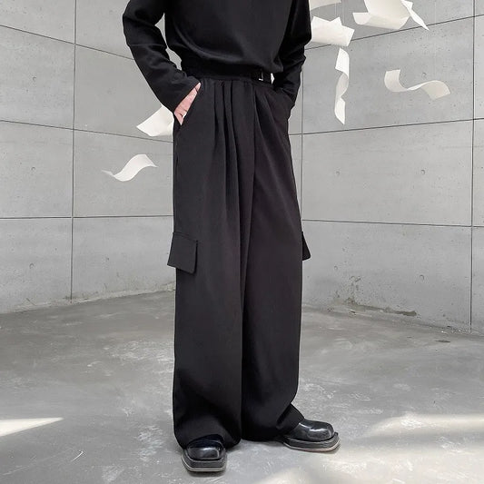 saferido Straight Leg Pants Personalized Korean Style Men's Wide Legs Trousers Solid Color Casual 2024 New Summer Fashion