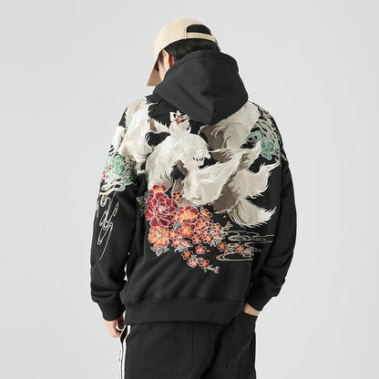 Men Streetwear Fleece Hoodie Sweatshirt Embroidery Flower Chinese Kanji Pullover Winter Harajuku Cotton Hooded Hoodie