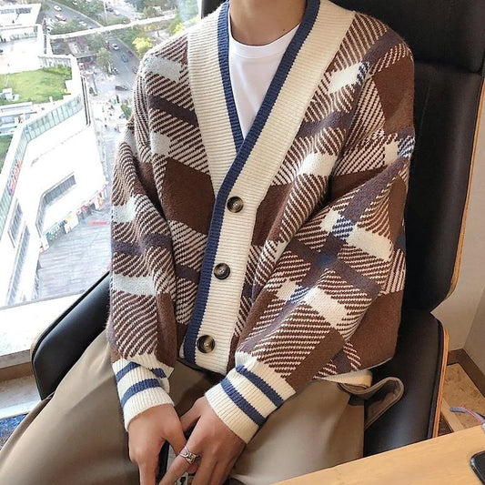 Autumn Men's Luxury Knitted Plaid Printed Buttons Cardigan Sweater Long Sleeve Streetwear Leisure Coat Fashion Check Knitwear