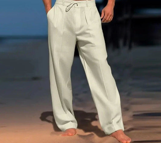 Fashion Tie-up Drawstring Trousers For Men Summer Solid Color Cotton Linen Casual Pants Mens Spring Leisure Loose Straight Pants