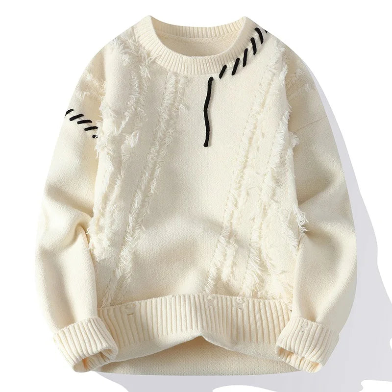 Man Panelled O-neck Jumper Autumn Winter Korean Simple Casual Streetwear Warm Knitted Ribbed Sweater Male Fashion Pullover