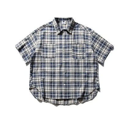 Summer Retro Men Set Checkered Fashion Short Sleeved Shirt+Big Pocket Washed Denim Shorts 2-piece High Street Trendy Unisex Suit