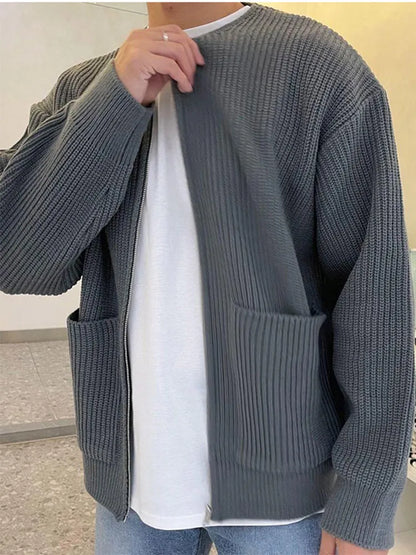 Autumn Knitted Long Sleeve Sweater Men Fashion Cardign Knitwear Slim Fit Men's Clothing New Pocket Warm Zipper Tops Male