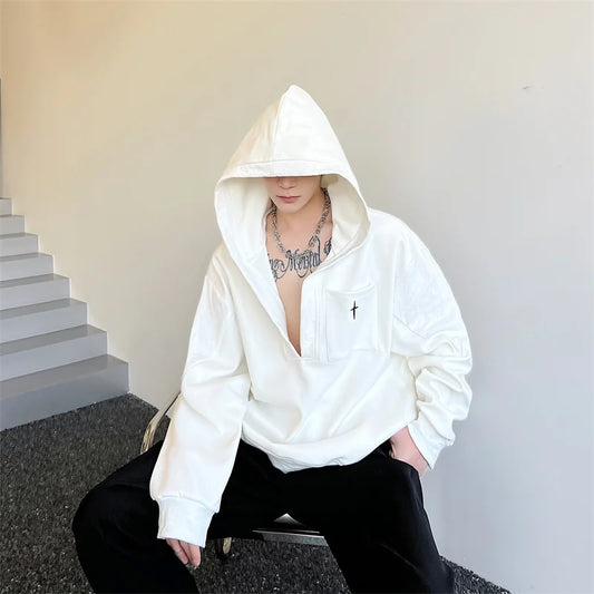 saferido Korean Spring Streetwear Collar black white Sweatshirt Men Spring Korean Loose Trendy Casual Coat Male Hoodies Sweatshirts