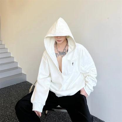 saferido Korean Spring Streetwear Collar black white Sweatshirt Men Spring Korean Loose Trendy Casual Coat Male Hoodies Sweatshirts