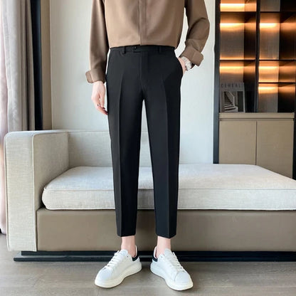 saferido  Korean Style Ankle Length Spring Men Dress Pants Stretched Simple Slim Fit Casual Office Trousers Formal Wear Hot Sale 36