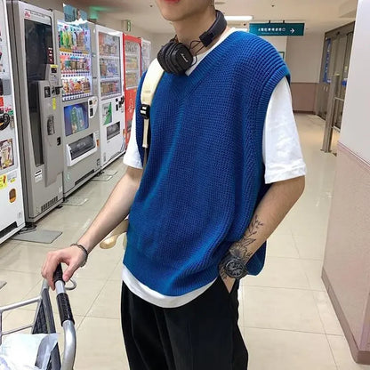 saferido Men's Clothing Blue Plain Sleeveless Vest Knit Sweater Male Waistcoat V Neck Solid Color Warm Classic Japanese Retro Wool