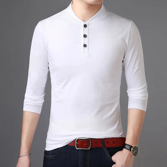 saferido New Spring Autumn Casual Men T Shirt Cotton Long Sleeve Stand Collar Tops Tees Mens Slim Fit Solid Color Tshirt Men Clothing