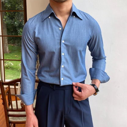 saferido British Style Casual All-match Solid Color Summer Shirt Trendy Denim Blue Business Formal Dress Shirt Long Sleeve Shirt Men