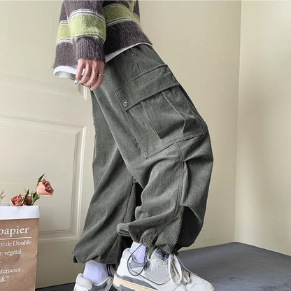 saferido Spring And Summer New Trendy Retro Large Pocket Ankle Overalls Solid Color Drawstring Loose Casual Sports Trousers For Men M-3XL