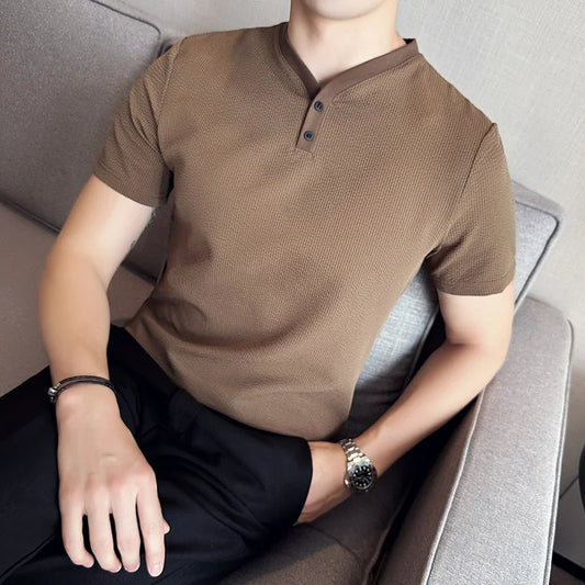 saferido Korean Style Men's Summer High Quality Casual Short Sleeve Knitted T-shirt/Male Slim Fit Fashion Ice Silk V-neck T-shirt S-4XL