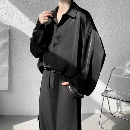 saferido Korean Fashion Ice Silk Shirts for Men Spring Summer Solid Color Long Sleeve Casual Loose Comfortable Button Up Shirt 5XL-M