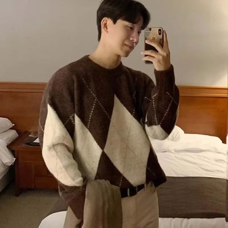 Knitted Sweaters Men Autumn Geometric Stylish Warm Leisure Korean Style Streetwear Temperament Classic Advanced Aesthetic