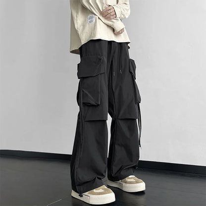 saferido Mens American Street Workwear Style Casual Wide-Leg Pants Genderless Autumn Winter Trendy Velvet Warm Pocket Trousers Unisex
